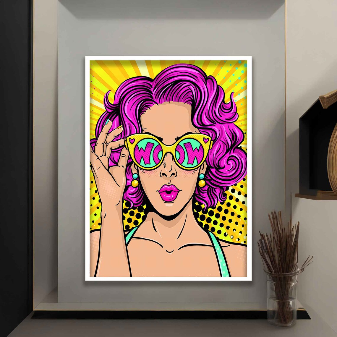 Pop Art Woman Wow Sunglasses Pink Hair Comic Style Colorful Wall Art Print - Image 5