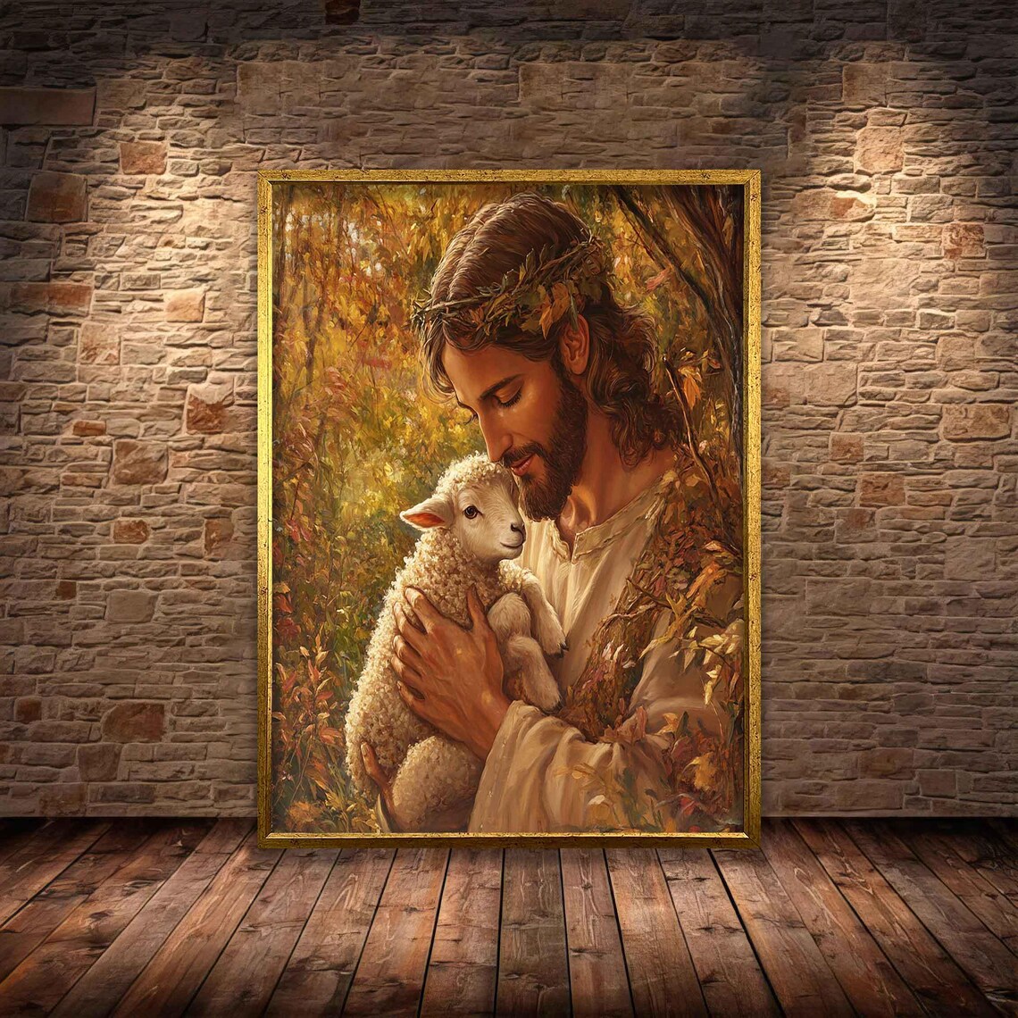 Jesus Holding Lamb Crown Of Thorns Golden Forest Faith Christian Art Poster - Image 4
