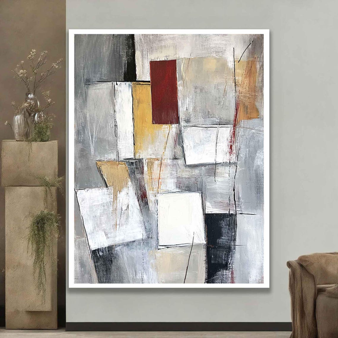 Abstract Geometric Grey White Red Gold Modern Minimalist Wall Art - Image 5