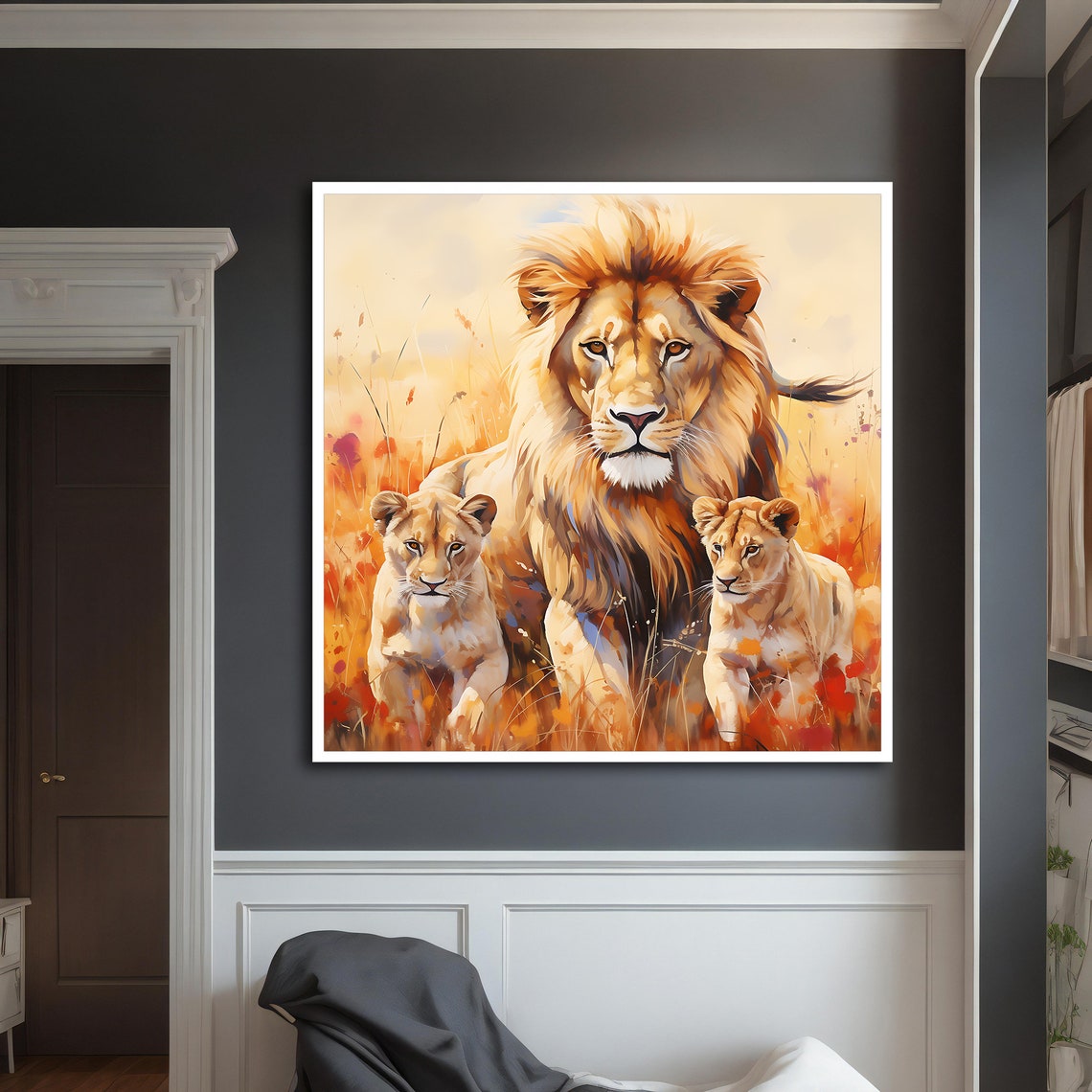 Male Lion With Two Cubs Golden Grassland Wildflower Painting Poster - Image 4