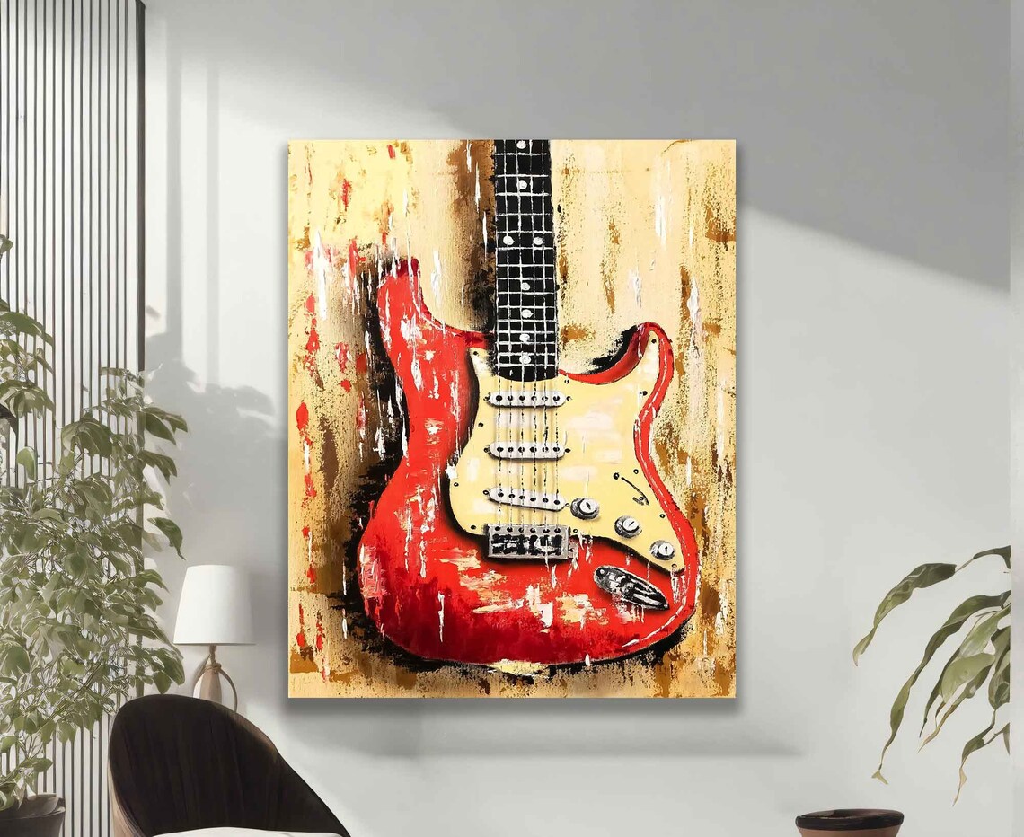 Red Electric Guitar Painting Vintage Rock Music Art Wall Poster - Image 2