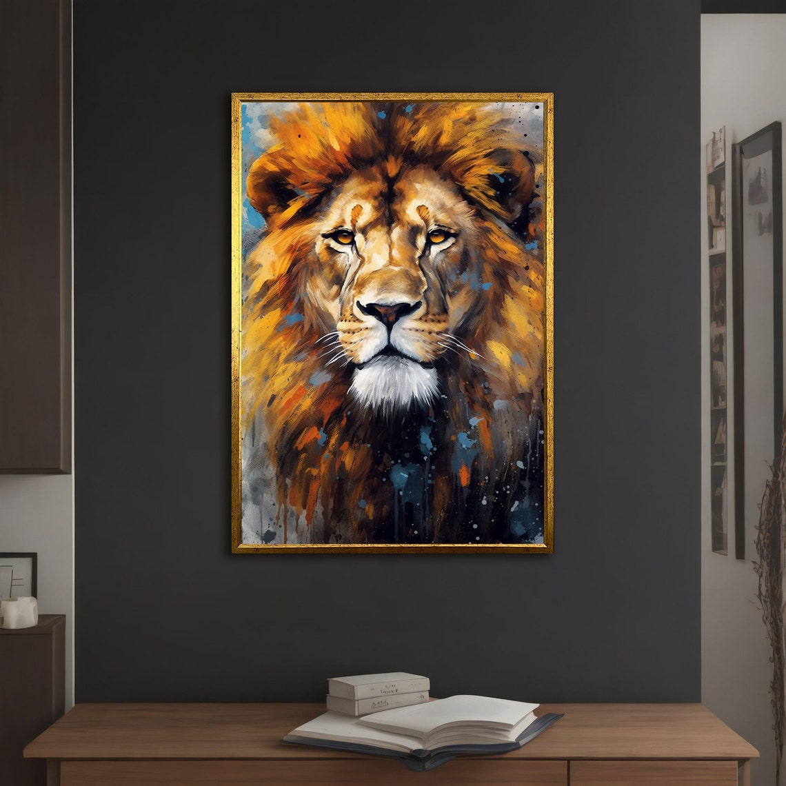Colorful Lion Face Watercolor Orange Blue Paint Splashes Poster - Image 5