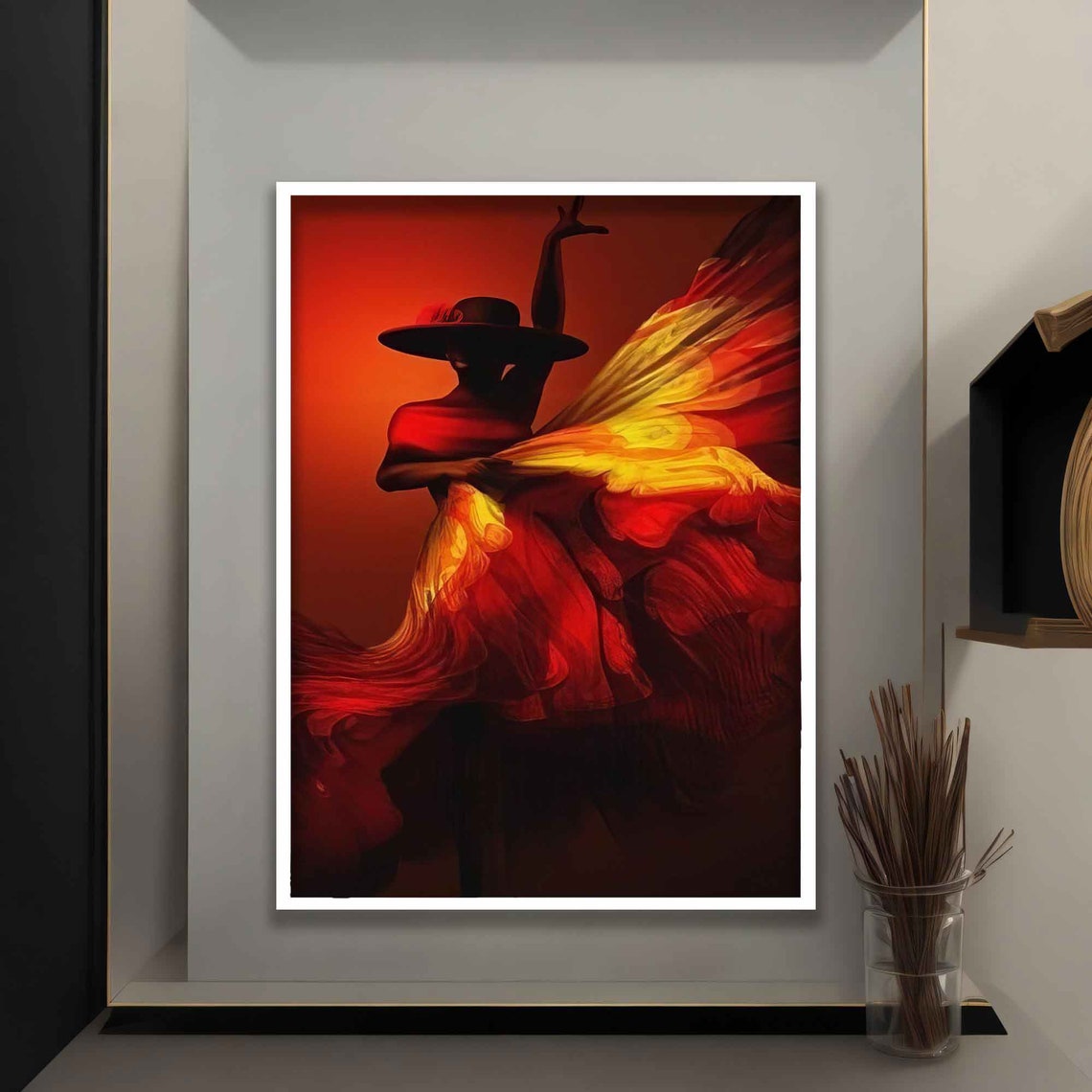 Flamenco Dancer in Hat Fiery Red Dress Silhouette Art Wall Poster - Image 4