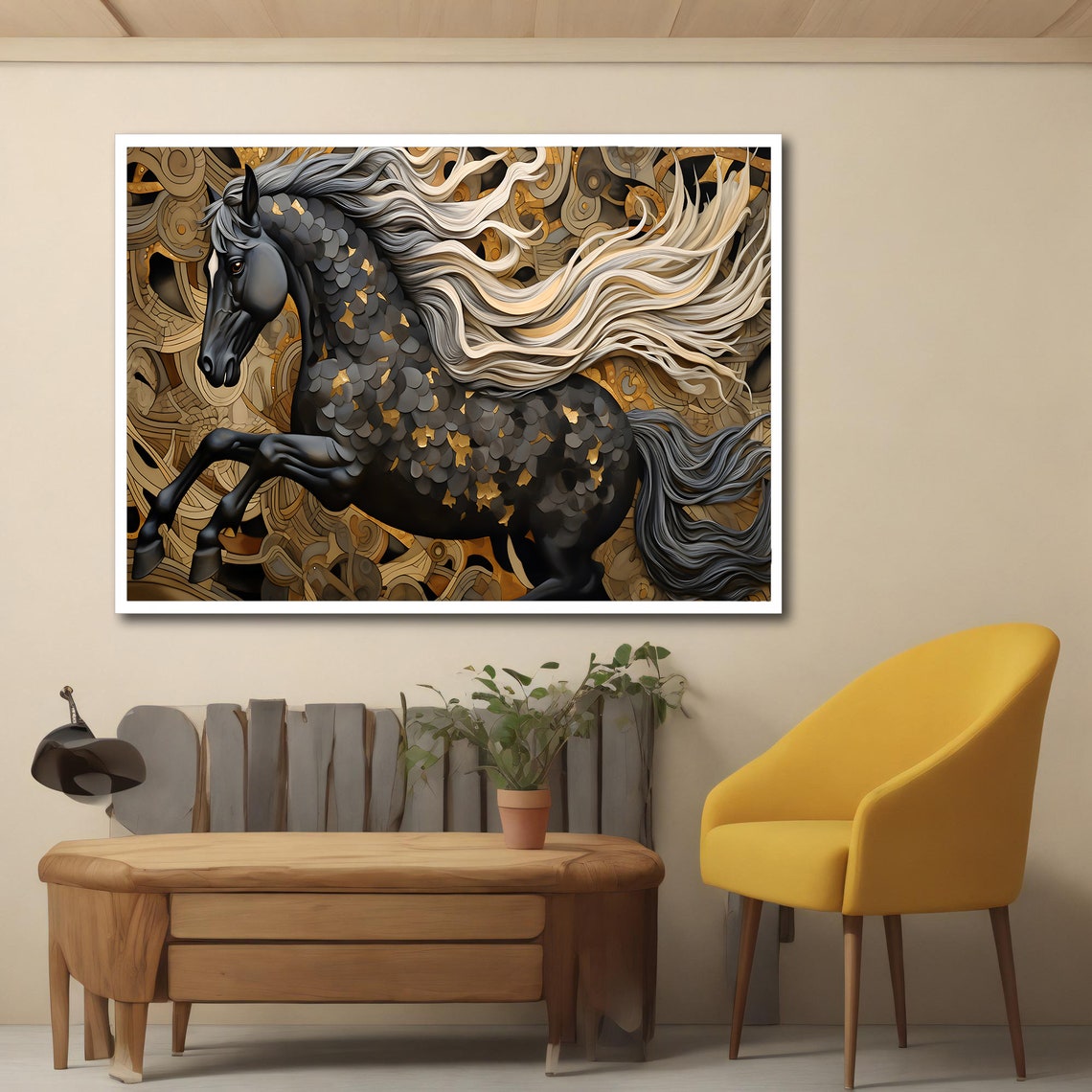 Black Gold Horse White Flowing Mane Golden Filigree Background Poster - Image 4