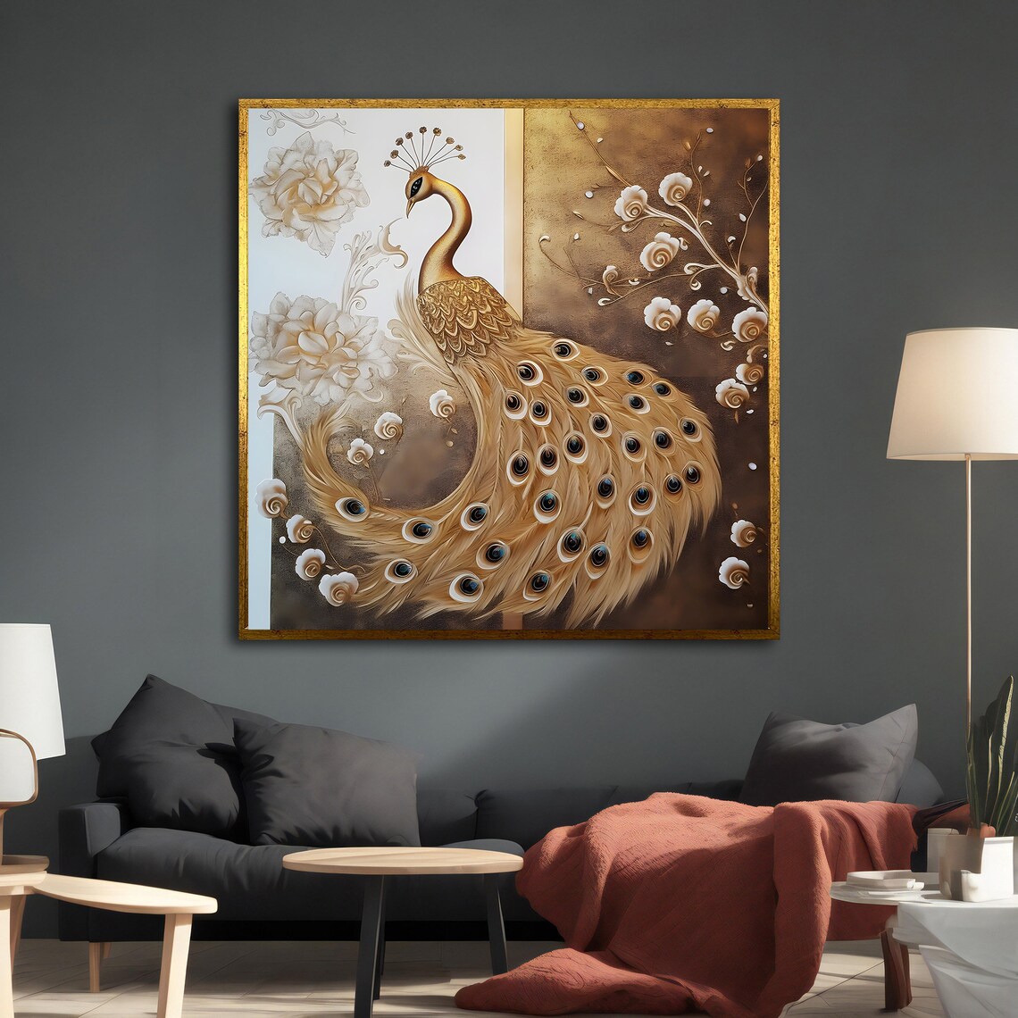Golden Peacock With Fanned Tail Elegant Floral Bronze Wall Art Print - Image 2