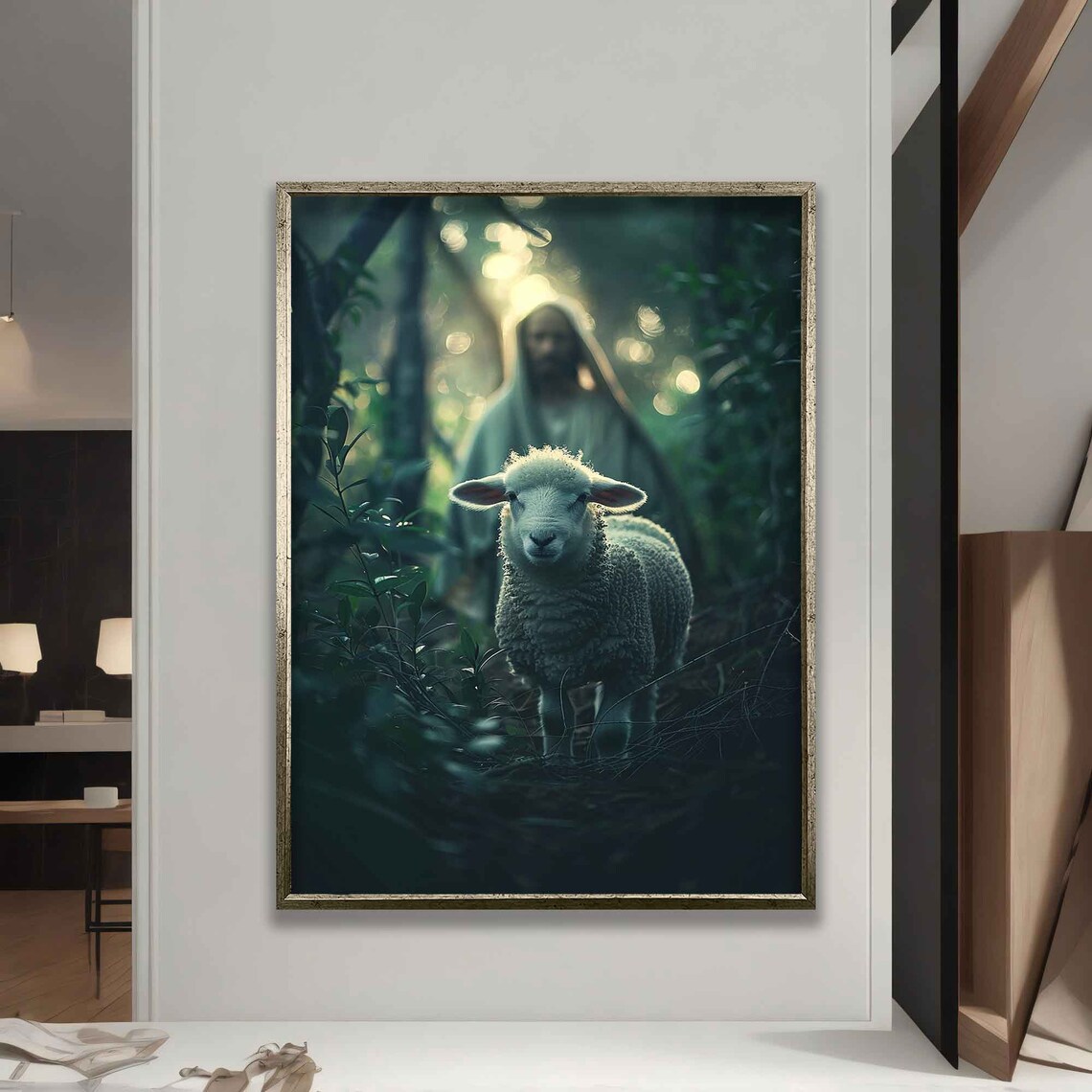 Jesus Lost Lamb Forest Light Beams Religious Christian Faith Art Poster - Image 5