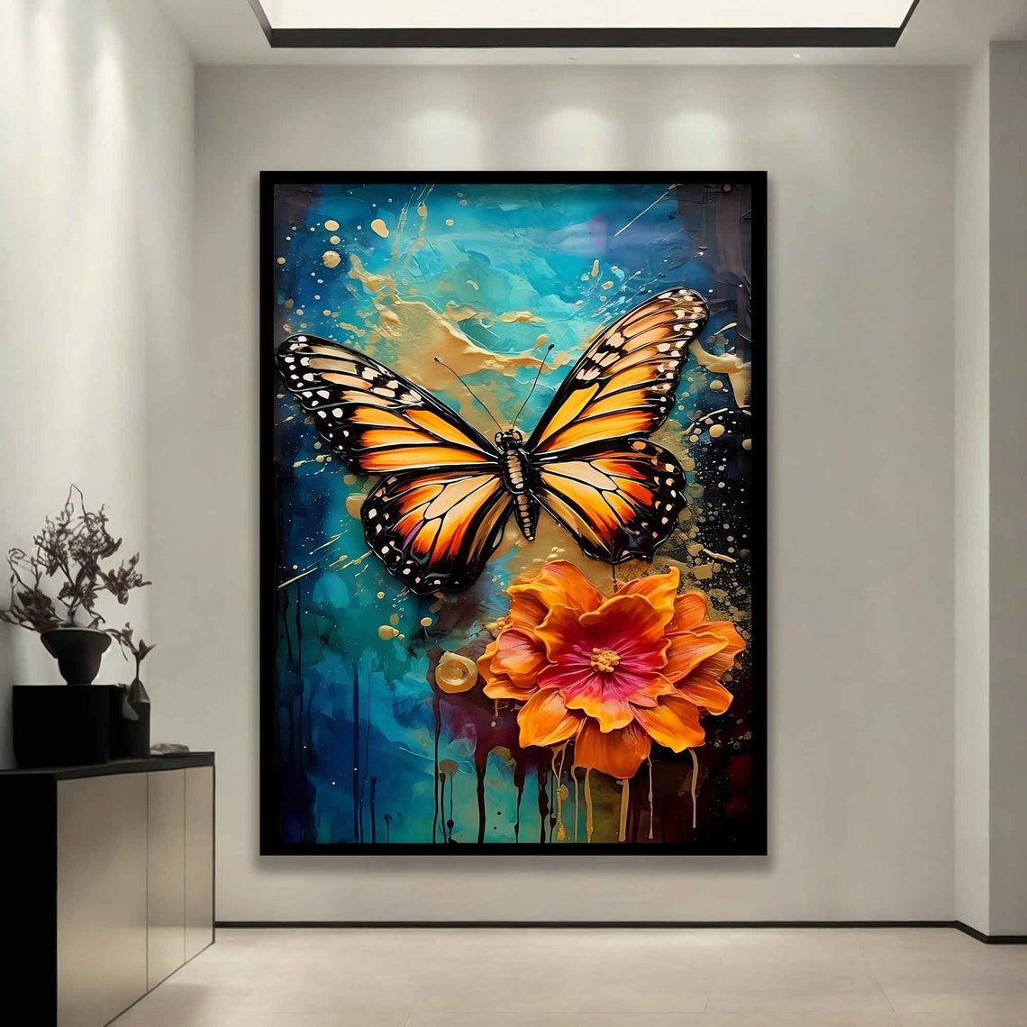Monarch Butterfly with Orange Flower Teal Abstract Art Wall Poster - Image 3