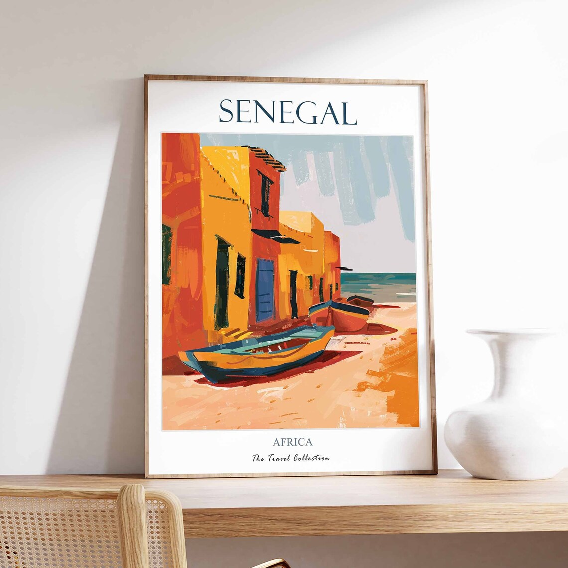 Senegal Africa Vibrant Fishing Boats Colorful Beach Travel Poster