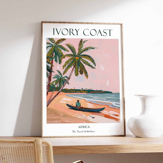 Ivory Coast Africa Palm Beach Fisherman Boat Pastel Travel Poster