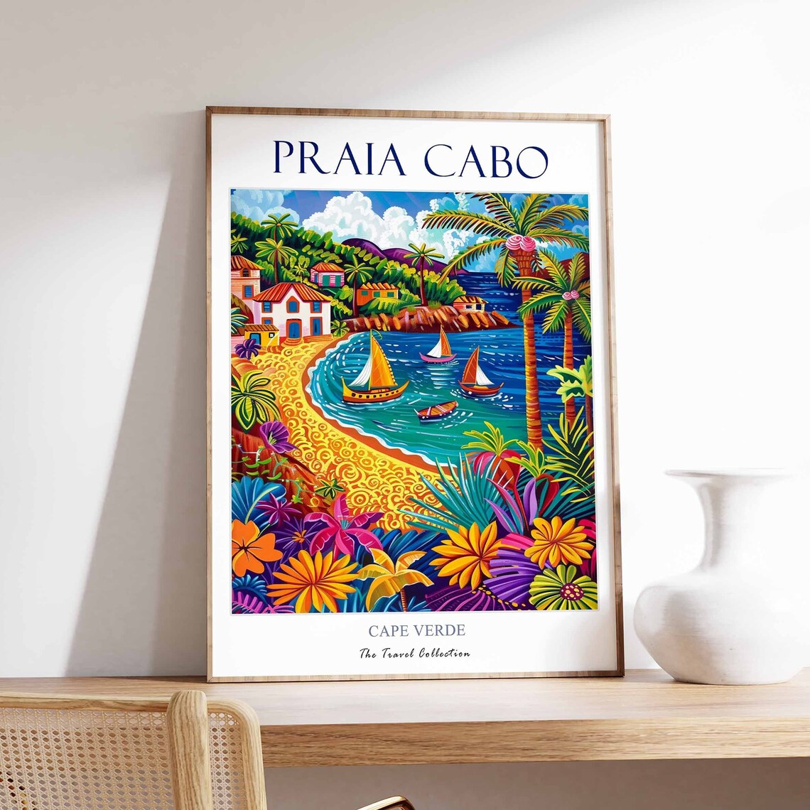 Praia Cabo Cape Verde Tropical Beach Boats Colorful Travel Poster