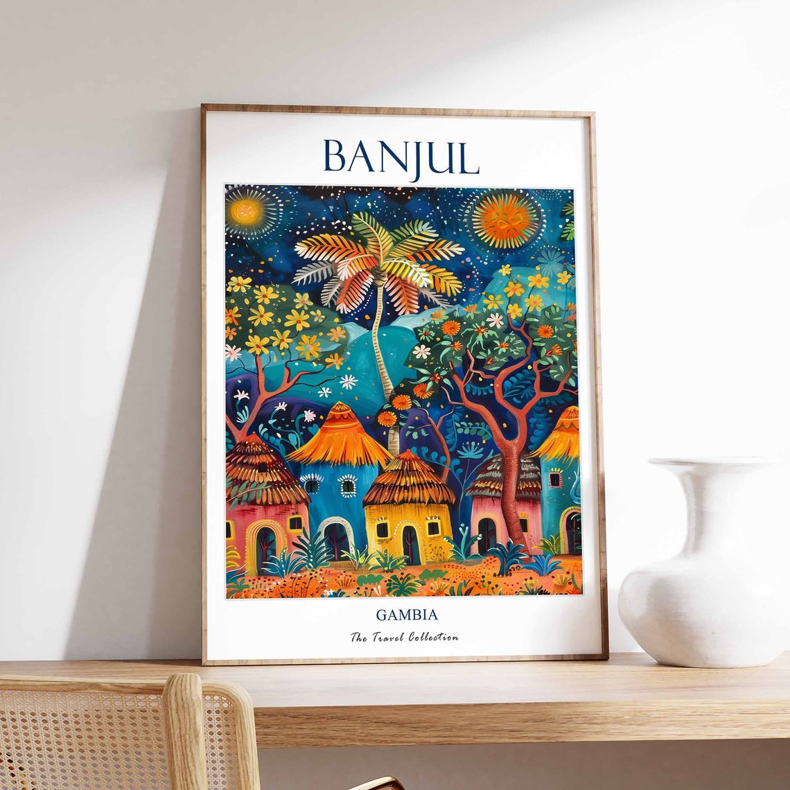 Banjul Gambia African Village Palm Night Scene Travel Poster