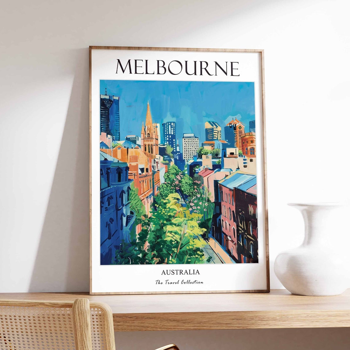 Melbourne Australia Cityscape Cathedral Spire Skyline Travel Poster