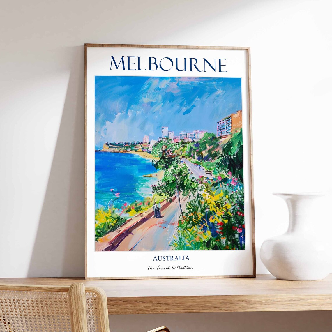 Melbourne Australia Coastal Promenade Watercolor Travel Art Poster