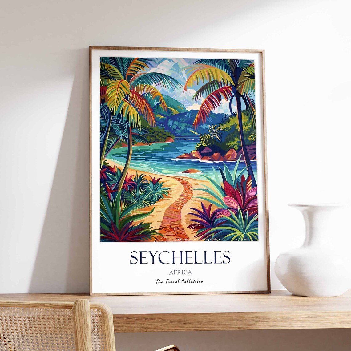 Seychelles Africa Tropical Beach Palms Colorful Travel Collection Poster