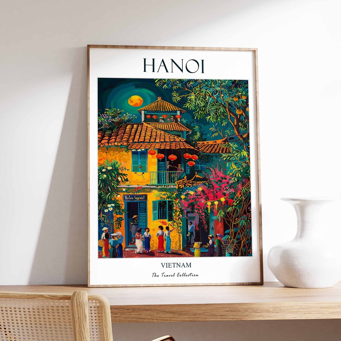 Hanoi Vietnam Old Quarter Lantern Moonlit Night Travel Poster