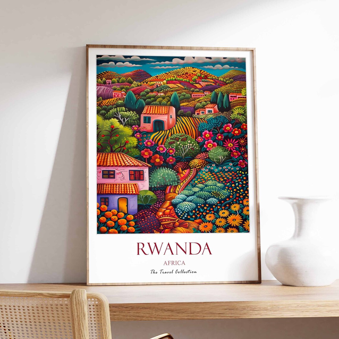 Rwanda Africa Hillside Village Floral Colorful Travel Collection Poster