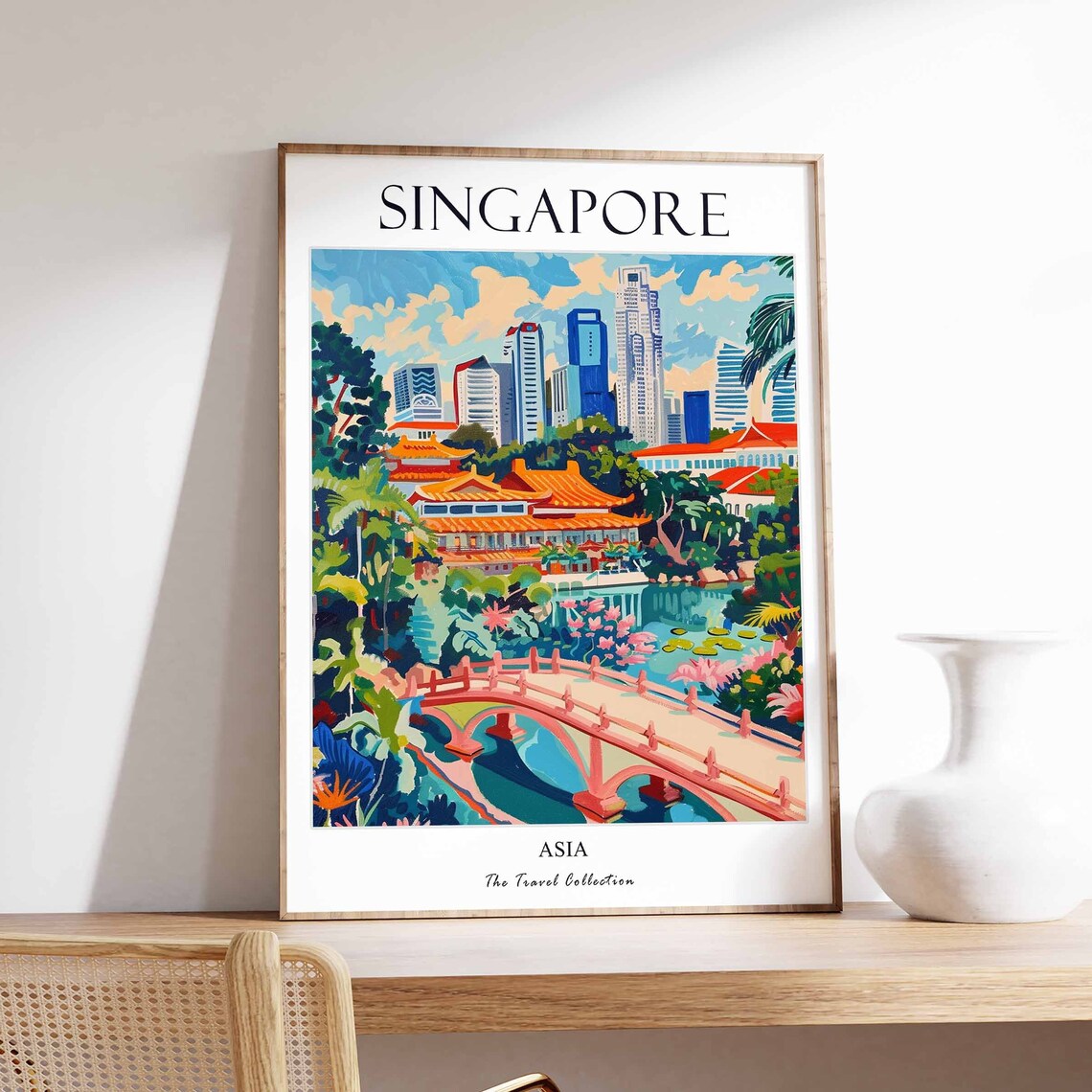 Singapore Asia Temple Garden Bridge Skyline Colorful Travel Poster