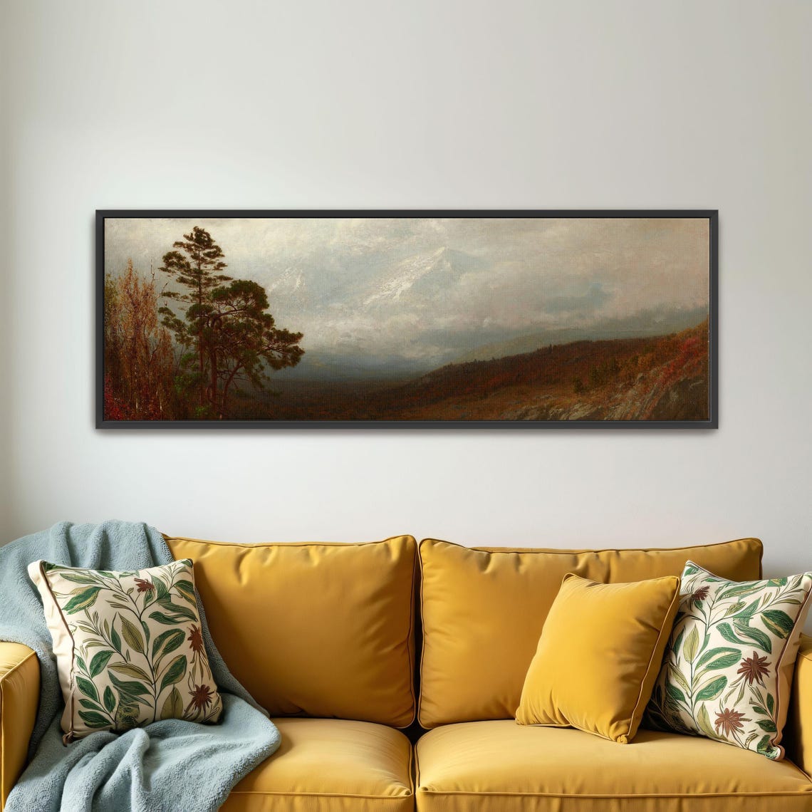 Lake And Mountains Under Cloudy Sky Panoramic Wall Art Horizontal Framed Art Above Bed Wall Art Bedroom And Living Room Art Wide