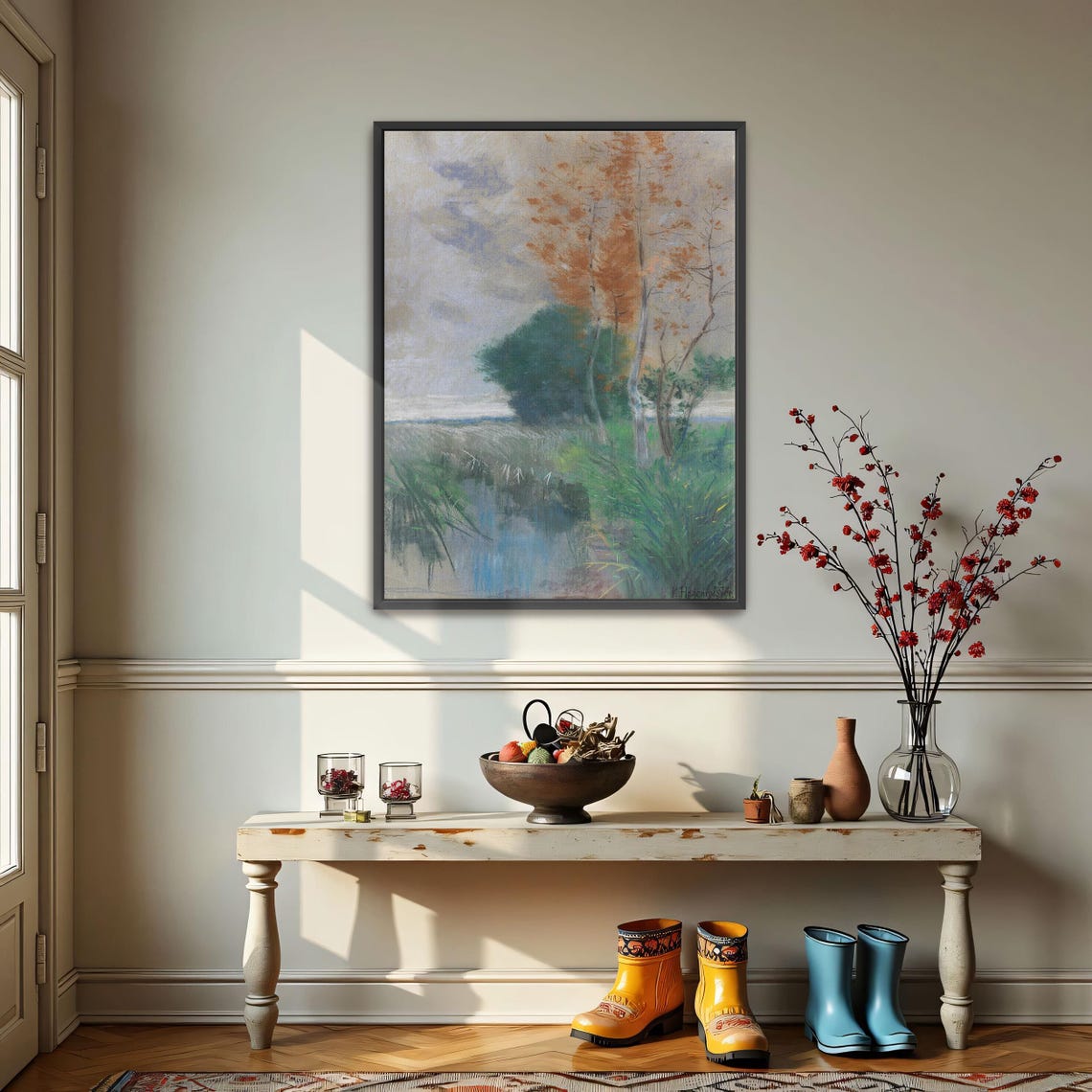 Autumn Birch Trees by a Quiet Lake Vintage Pastel Landscape Art Print - Image 3
