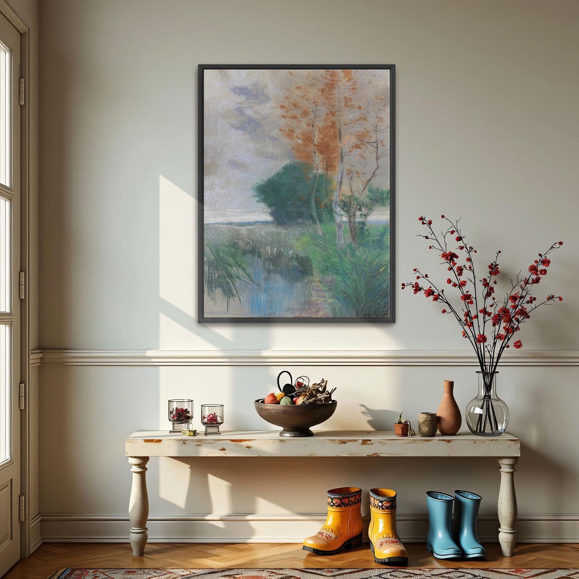 Large Framed Print Of Trees And Grass By A Lake Landscape Wall Art Green And Gray Living Room Artwork Rustic Pastel Painting - Image 3