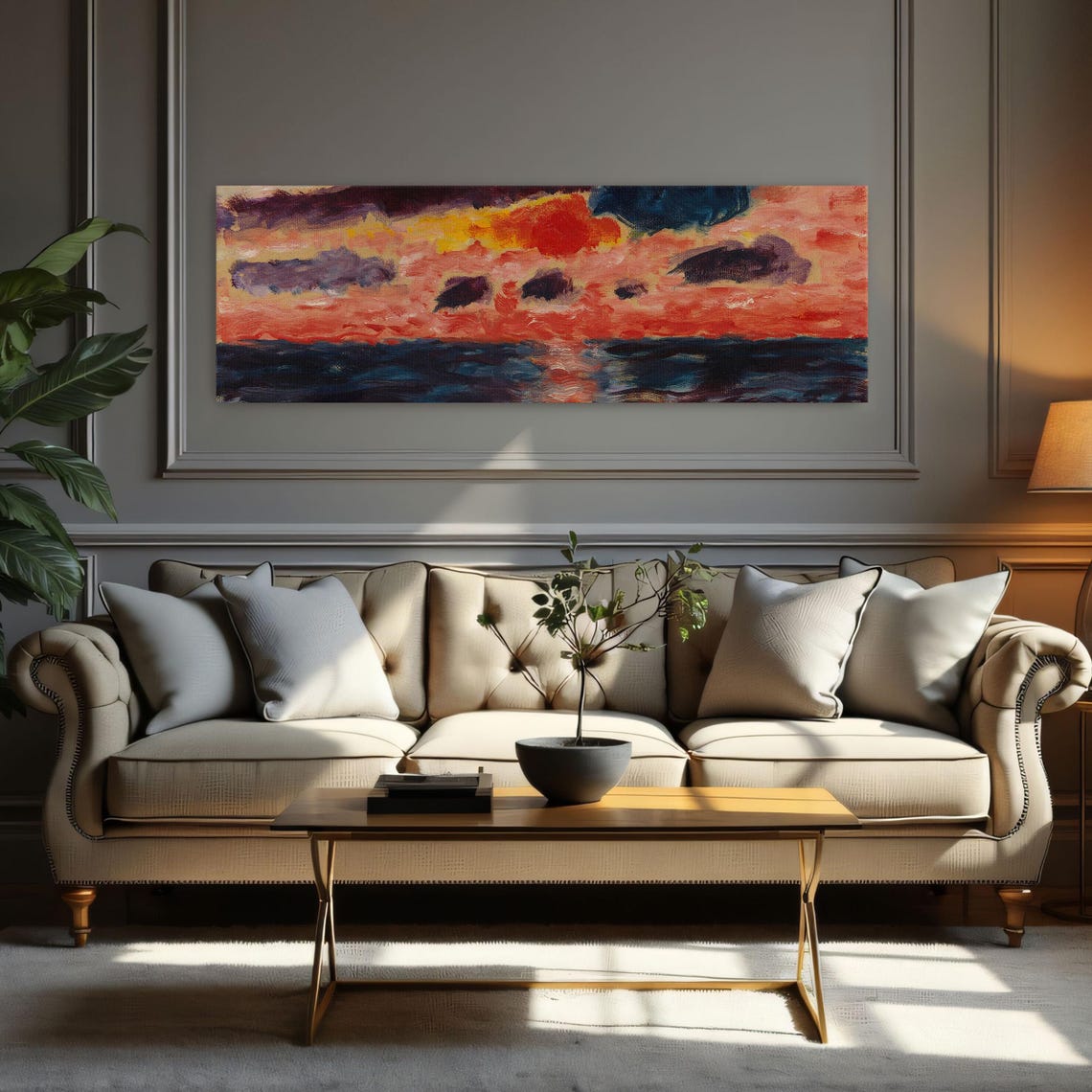 Abstract Seascape With Sunset Panoramic Wall Art Horizontal Framed Art Above Bed Wall Art Bedroom And Living Room Art Wide Narrow - Image 3