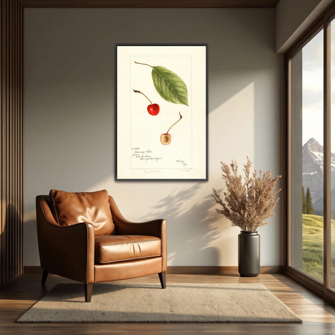 Red Cherry With Green Leaf Whole And Halved Botanical Study Art Poster - Image 3