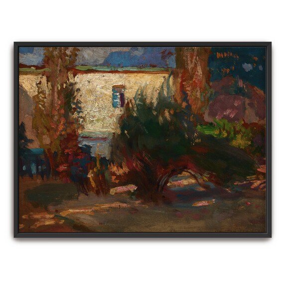 Large Framed Print Of A House With A Window And Trees Landscape Print Green And White Living Room Art Abstract Decor