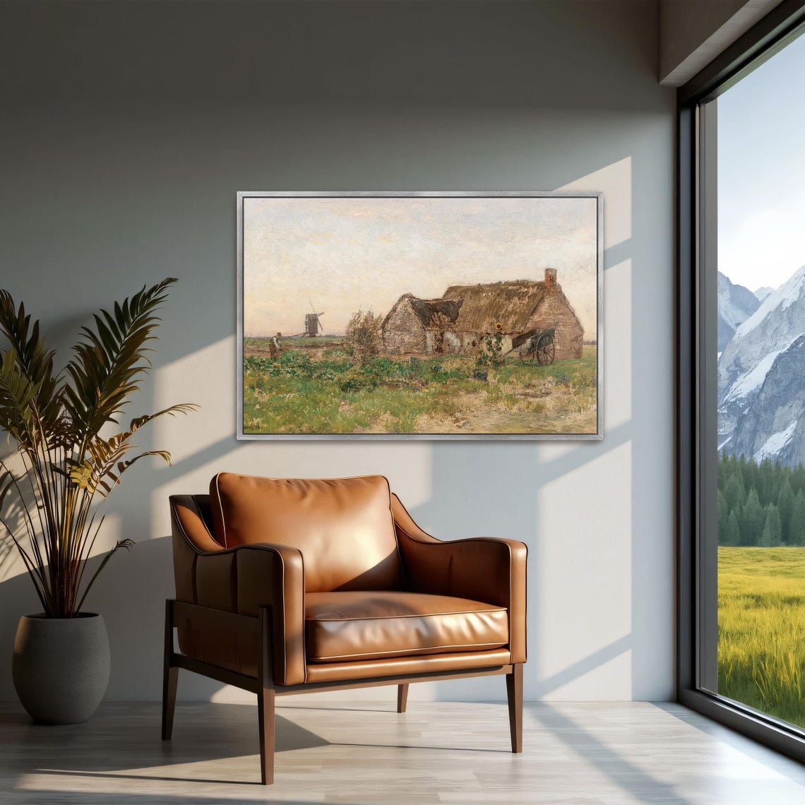 Thatched Farmhouse and Windmill Rural Field Vintage Art Poster