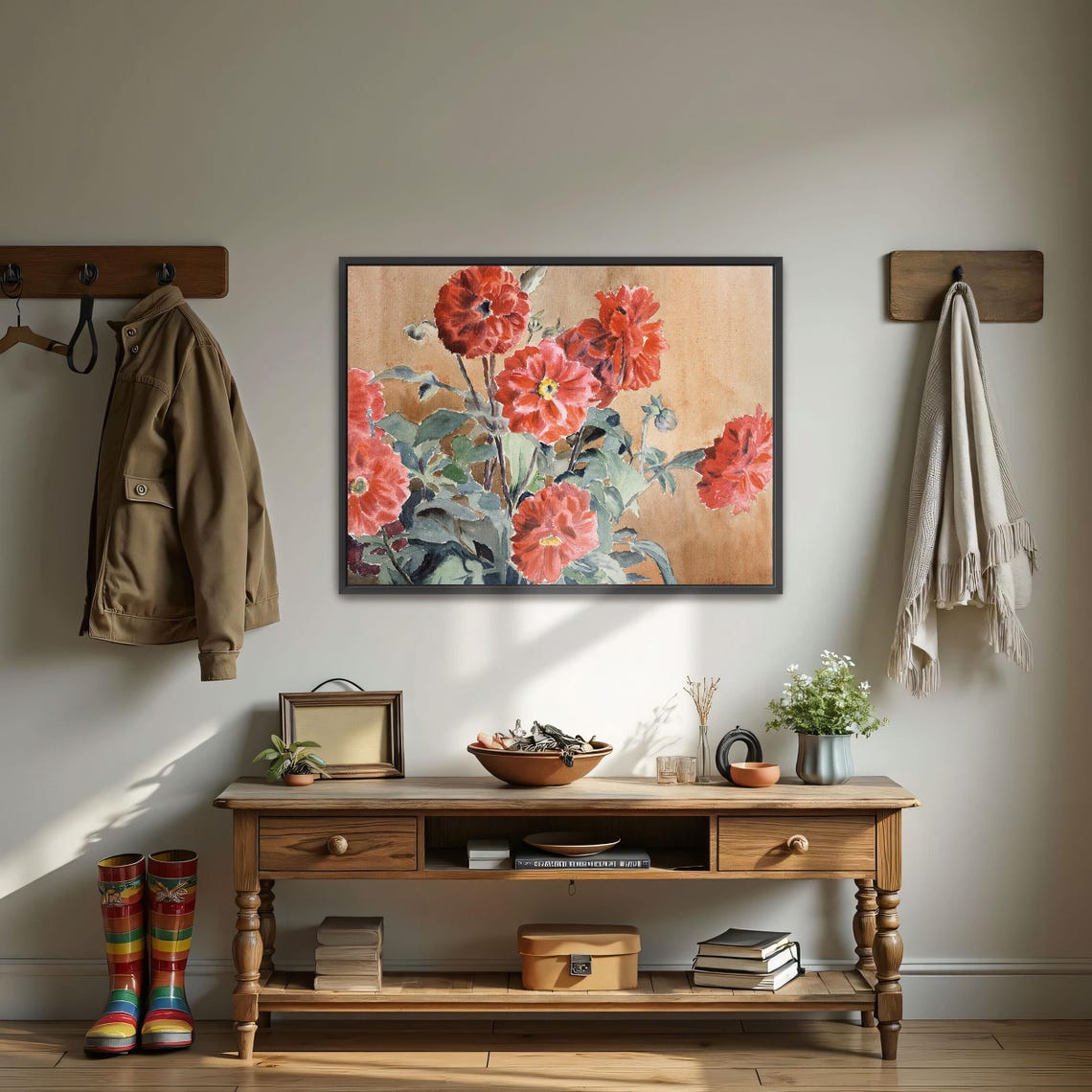 Red Dahlias Watercolor Bouquet on Warm Ground Floral Art Poster