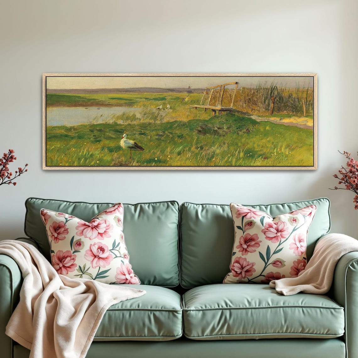 Stork In Grassy Meadow With Wooden Bridge Panoramic Wall Art Horizontal Framed Art Above Bed Wall Art Bedroom And Living Room Art Wide - Image 5