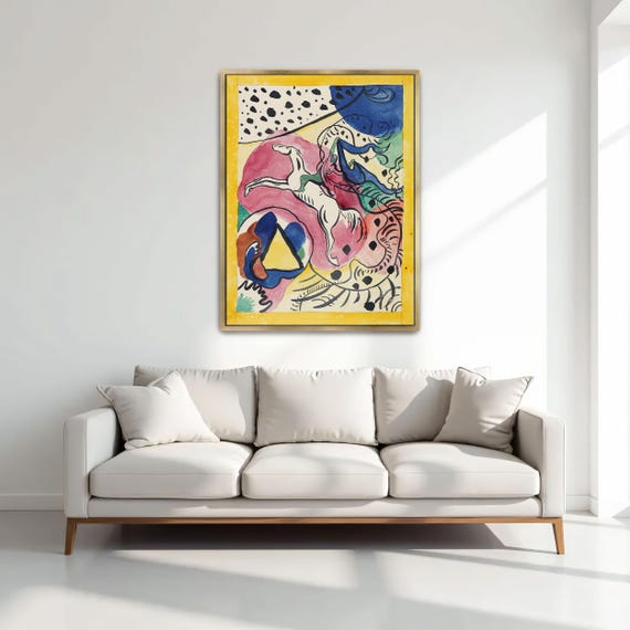 Framed Print Of Abstract Painting With A Horse Geometric Wall Art Pink And Blue Bedroom Artwork Art Nouveau Watercolor Painting