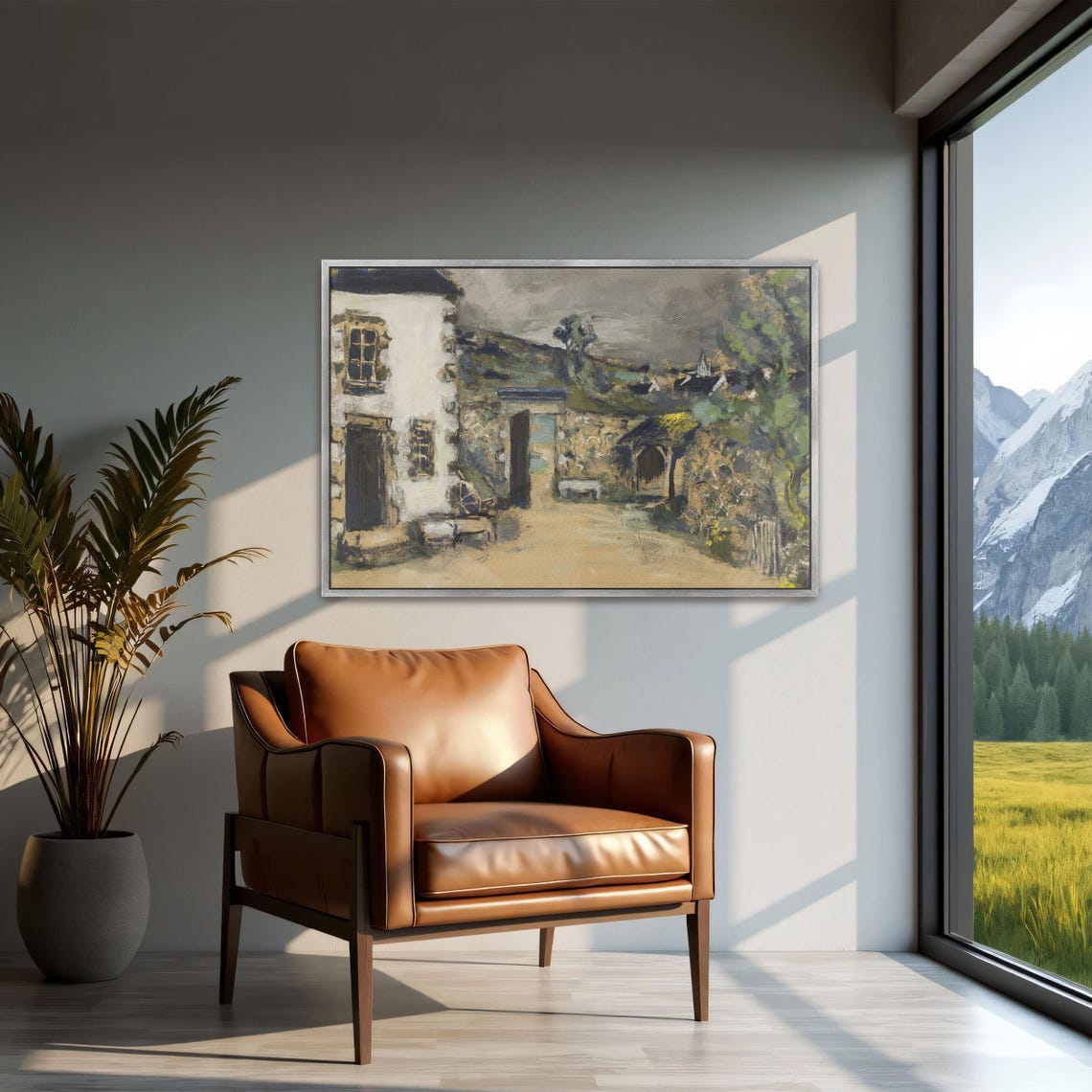 Stone Farmhouse Courtyard Rustic Pastel Village Landscape Poster - Image 3