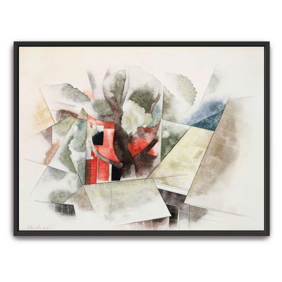 Large Framed Print Of Abstract Watercolor Of Rooftops And Tree Geometric Wall Art Green And White Entryway Decor Abstract Art