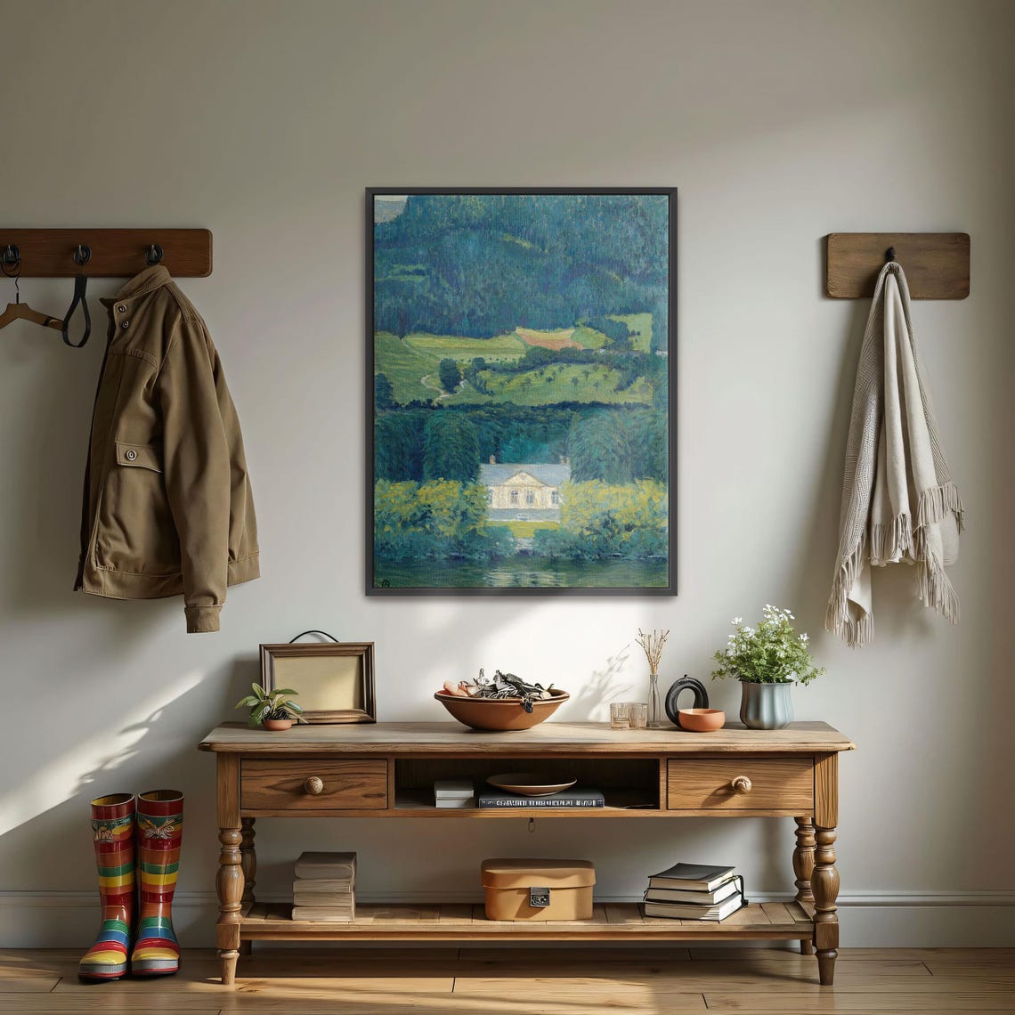 Country House by Water With Hills Vintage Landscape Art Poster