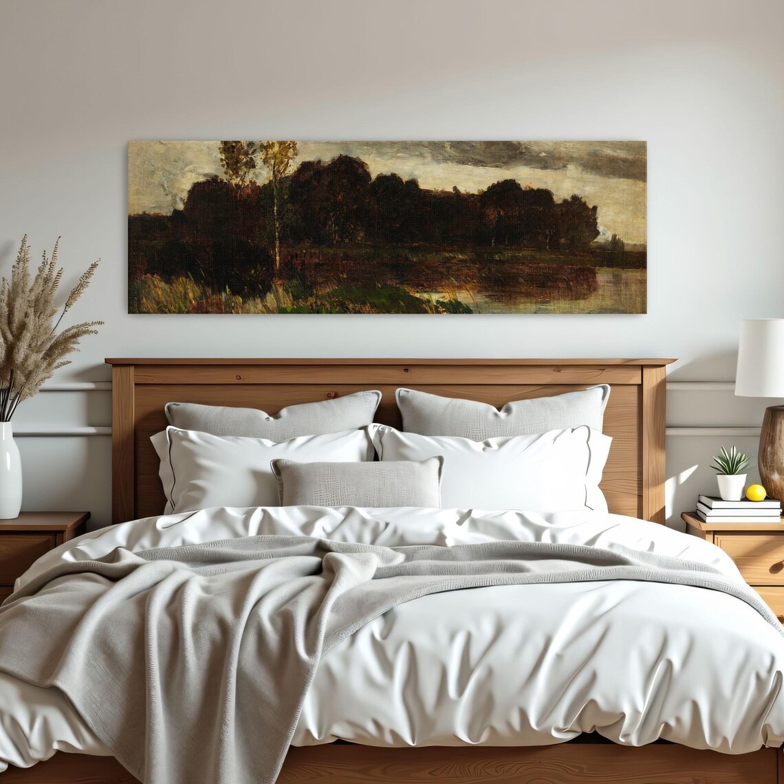 Dark Forest By The Water Impressionist Landscape Panoramic Wall Art Horizontal Framed Art Above Bed Wall Art Bedroom And Living Room - Image 3