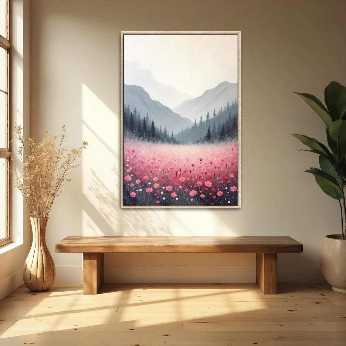 Misty Grey Mountains Rising Over Pink Poppy Meadow Framed Poster - Image 4