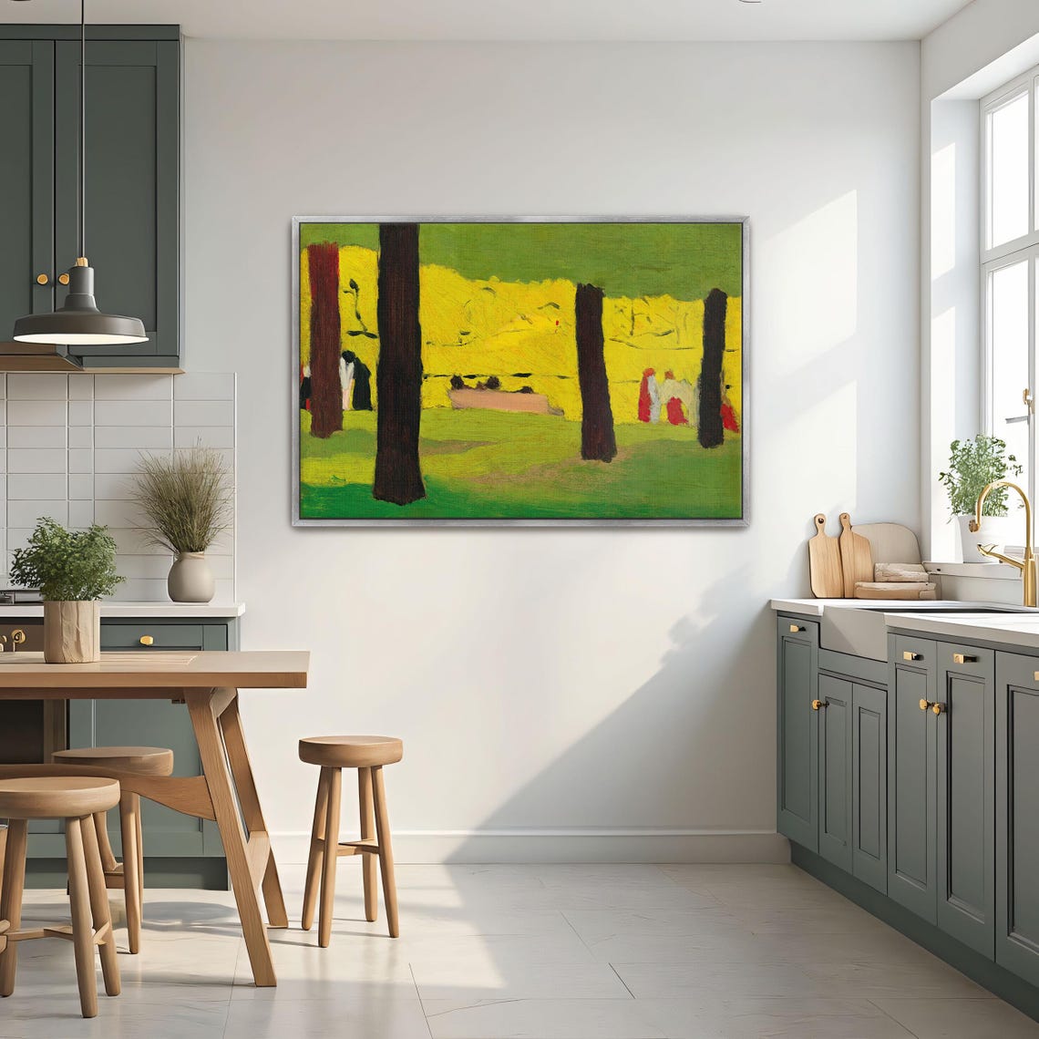 Stylized Park with Figures in Green and Gold Modernist Poster - Image 3