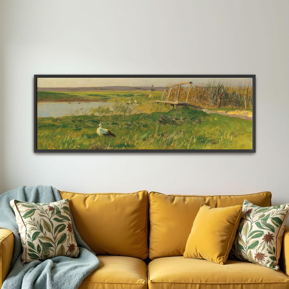Stork In Grassy Meadow With Wooden Bridge Panoramic Wall Art Horizontal Framed Art Above Bed Wall Art Bedroom And Living Room Art Wide - Image 4