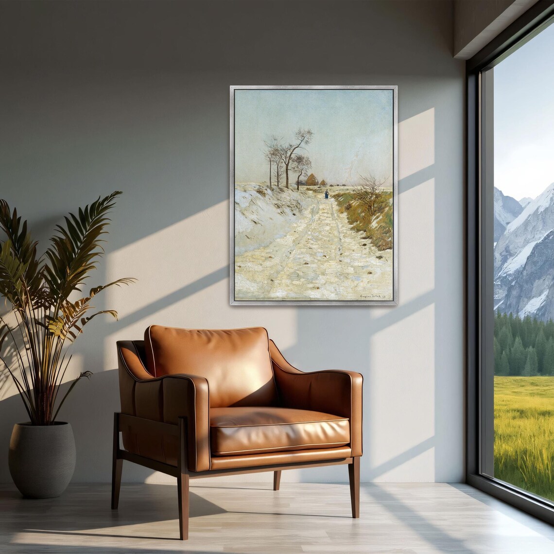 Large Framed Print Of Snowy Path With Trees And Hay Bales Landscape Fine Art Print White And Gray Bedroom Art Print - Image 2