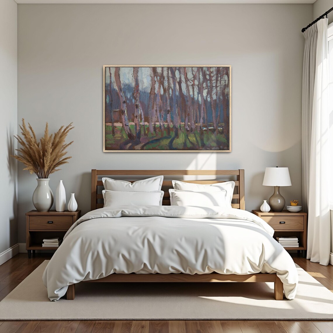 Large Framed Print Of Impressionistic Painting Of A Birch Grove Landscape Wall Art Green And Brown Entryway Artwork Boho Art - Image 5