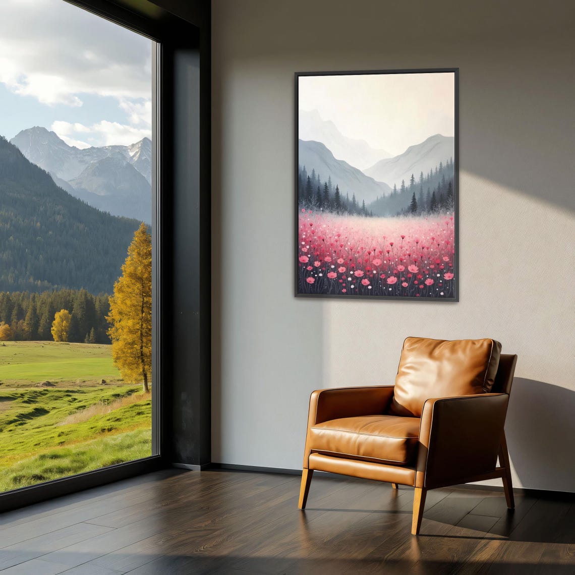 Misty Grey Mountains Rising Over Pink Poppy Meadow Framed Poster - Image 3