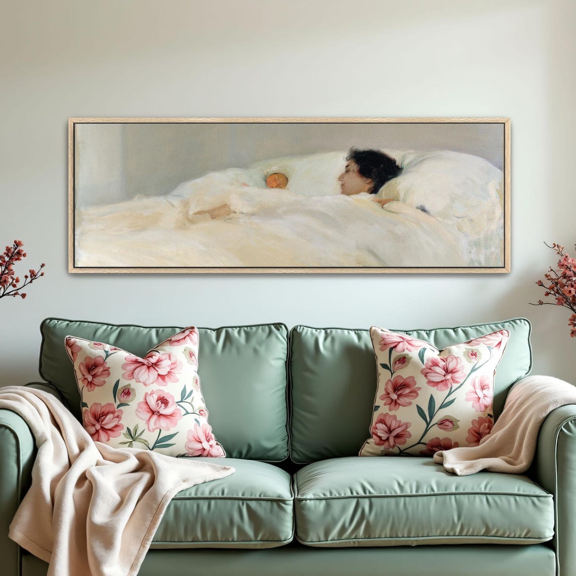 Mother and Child Sleeping Peacefully in White Bedding Poster