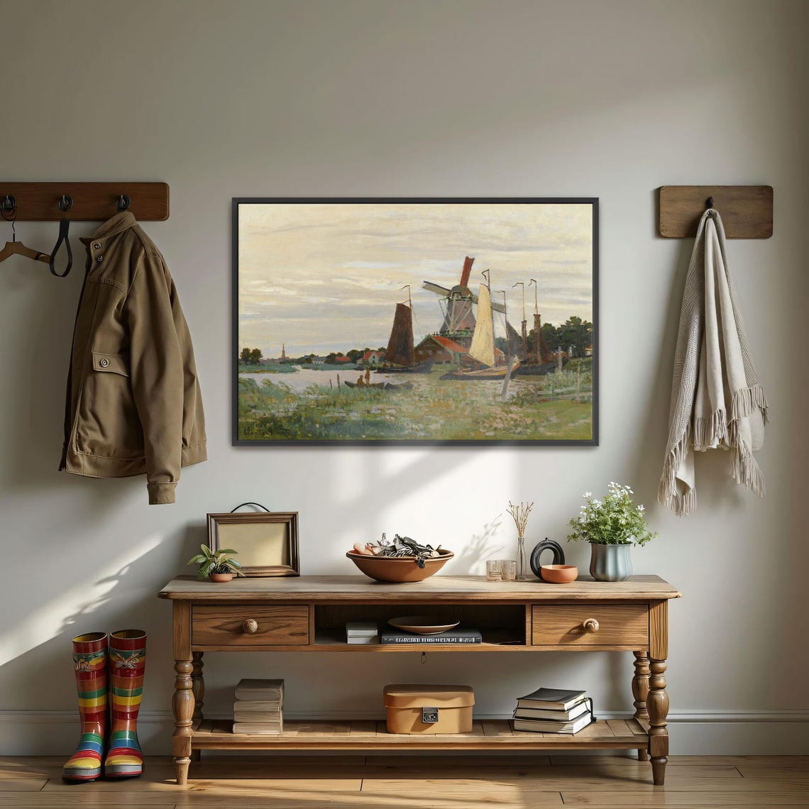 Claude Monet Large Framed Print Dutch Windmill And Boats By Canal Landscape Wall Art Blue And White Entryway Decor - Image 3