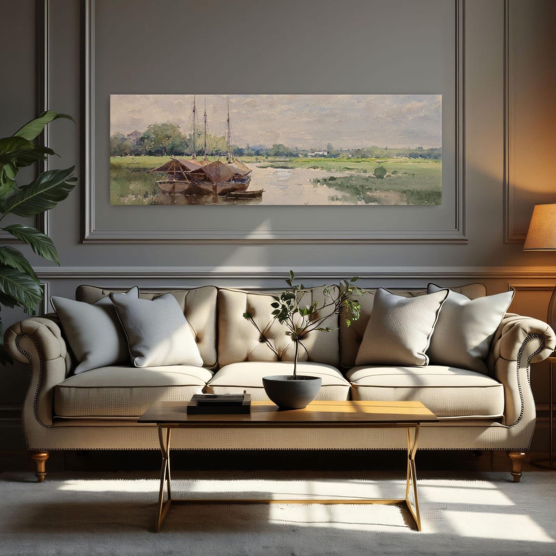 Three Sailboats Docked In A River Panoramic Wall Art Horizontal Framed Art Above Bed Wall Art Bedroom And Living Room Art Wide Narrow - Image 2