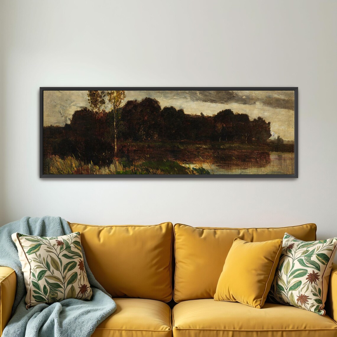 Dark Forest By The Water Impressionist Landscape Panoramic Wall Art Horizontal Framed Art Above Bed Wall Art Bedroom And Living Room