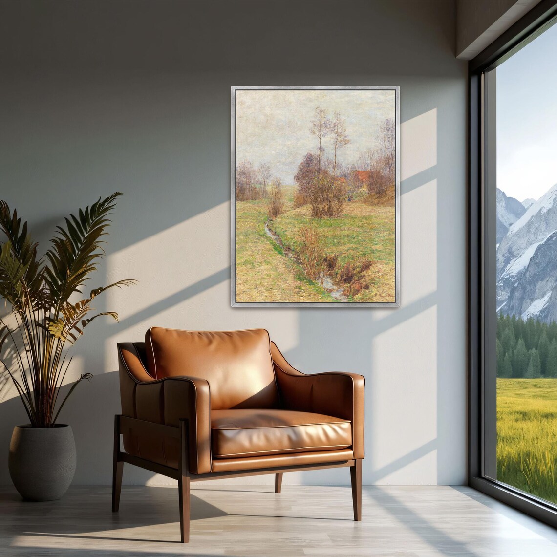 Large Framed Print Of Stream And Trees In A Field Landscape Print Green And Brown Living Room Decor Rustic Oil Painting - Image 2