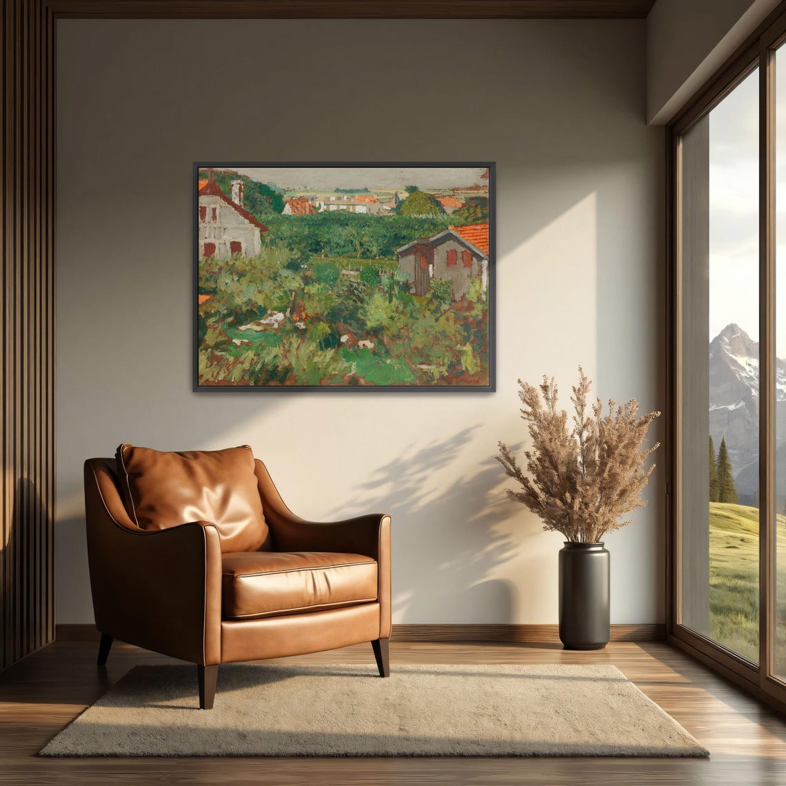 Village Houses with Red Shutters among Lush Green Gardens Poster