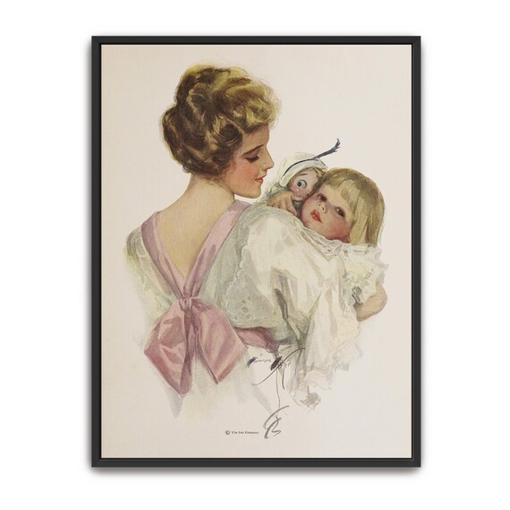 Vintage Illustration Of A Mother Holding Child And Doll Print