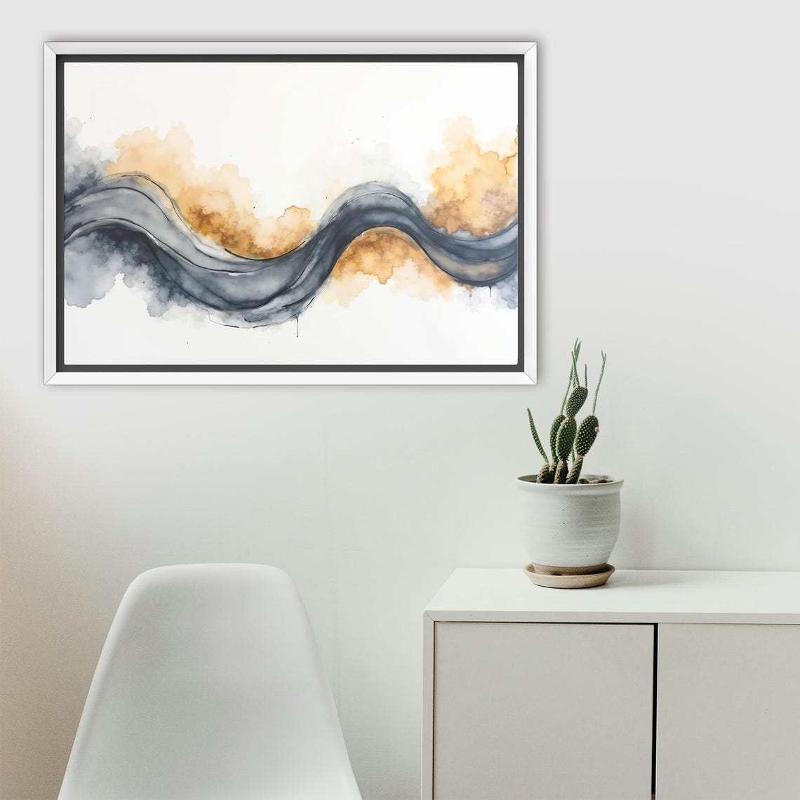 Charcoal Ribbon Wave With Warm Amber Watercolor Wash Abstract Poster - Image 2
