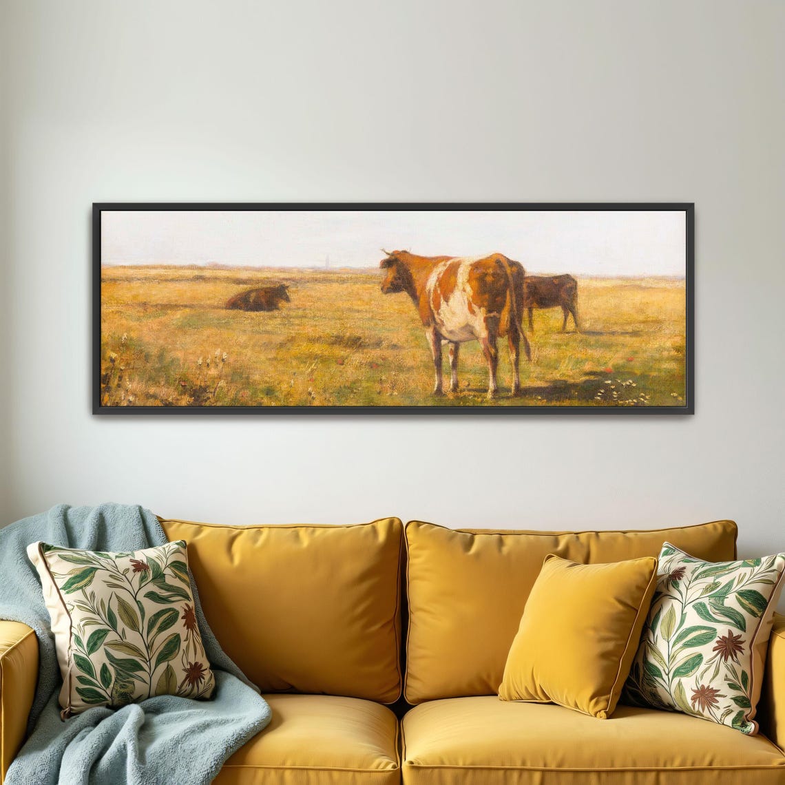 Cows Resting and Grazing in a Golden Field Under a Pale Sky Poster - Image 4